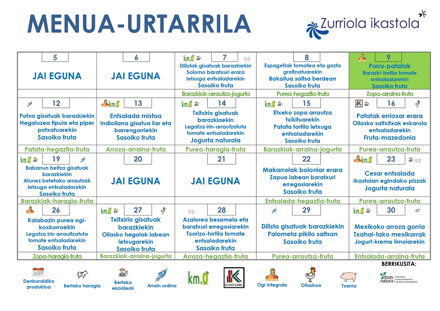 Urtarrileko menua 2026